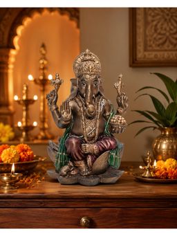 Ashnam - Lord Ganesha Idol Sitting On Lotus Decorative Showpiece Brown