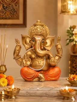 Ashnam - Small Blessing Ganesha Decorative Showpiece - Gold & Orange