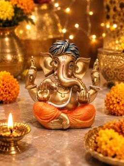 Ashnam - Pheta Blessing Ganesha Decorative Showpiece Gold Blue & Orange