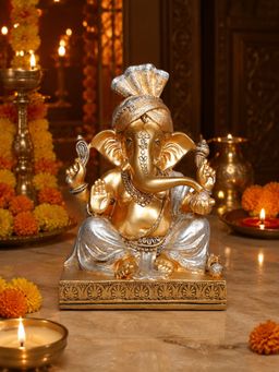Ashnam - Pheta Ganesha Statue Decorative Showpiece Silver & Gold