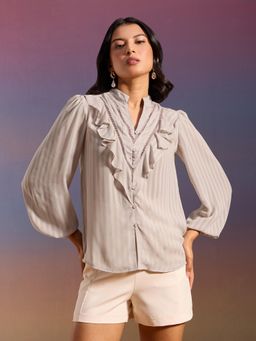 RSVP by Nykaa Fashion - Beige Solid Mandarin Collar Bishop Sleeves Blouson Top
