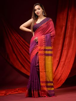 CHARUKRITI - Red and Purple Pure Cotton Handwoven Temple Borders Saree with Unstitched Blouse