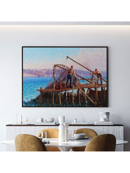 ARTCREST - Fishermen Bringing In The Catch Painting Black Box Framed Wall Art