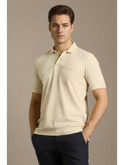 Louis Philippe - Men Beige Textured Polo Neck T-shirt
