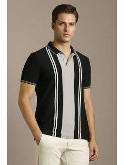 Louis Philippe - Men Black Stripes Polo Neck T-shirt