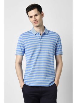 Peter England - Men Light Blue Stripes Polo Neck T-shirt