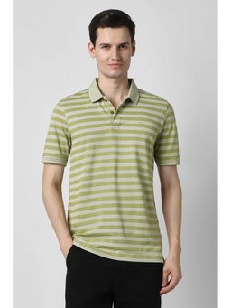 Peter England - Men Olive Stripes Polo Neck T-shirt
