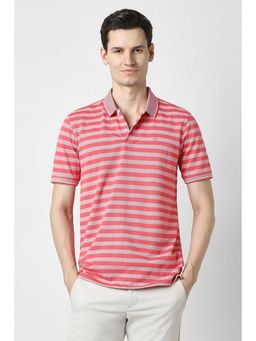 Peter England - Men Pink Stripes Polo Neck T-shirt