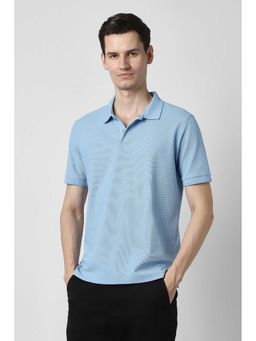 Peter England - Men Light Blue Textured Polo Neck T-shirt