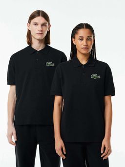 Lacoste - Unisex Black Loose Fit Pique Embroidered Polo T-shirt
