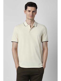 Peter England - Men Cream Solid Polo Neck T-shirt