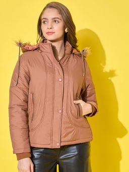 Buynewtrend - Brown Women's Quilted Winter Jacket with Detachable Fur Hoodie