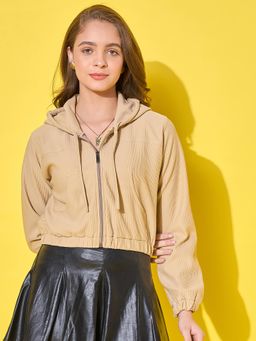 Buynewtrend - Beige Women's Cotton Ribbed Short Casual Hoodie Jacket with Front Zipper