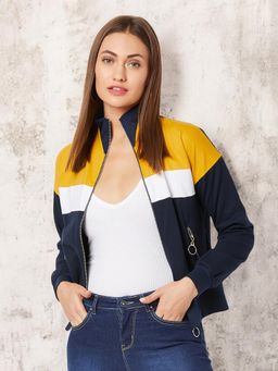 Miss Chase - Women's Multicolored-Base-Navy Blue Turtle-Neck Solid Color-Block Jacket