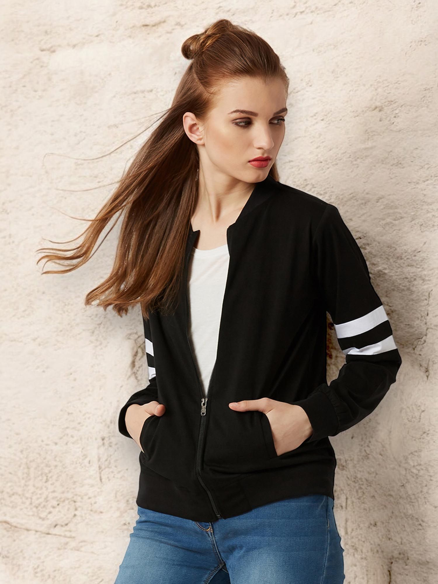 miss chase Women's Black Round Neck Cotton Solid Stripe Detailing Bomber Jacket-picture-20