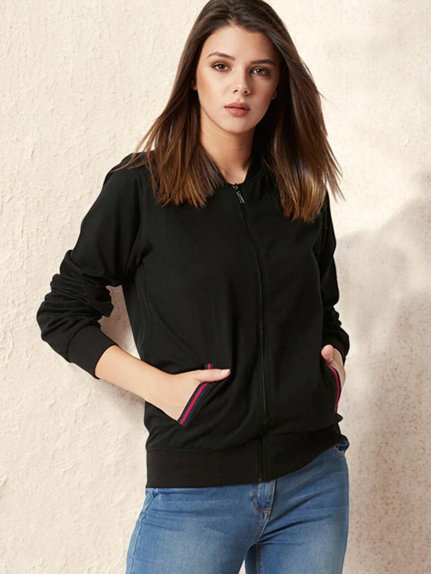 miss chase Women's Black Round Neck Cotton Solid Multicolored Twill Tape Bomber Jacket-picture-10