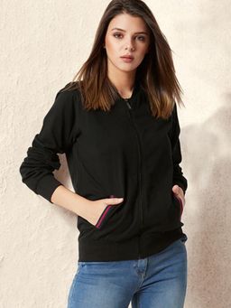 Miss Chase - Women's Black Round Neck Cotton Solid Multicolored Twill Tape Bomber Jacket