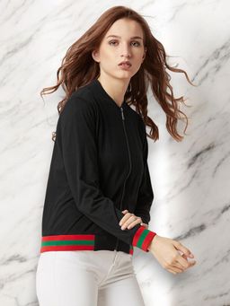 Miss Chase - Women's Black Round Neck Full Sleeve Cotton Ribbed Solid Bomber Jacket