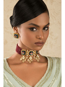 Joules By Radhika - Red Preciosa Kundan Onyx Jades And Agate Beads Necklace And Earrings Set