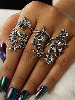 Jewels Galaxy - Silver Plated Floral Contemporary Stackable Rings Set of 4
