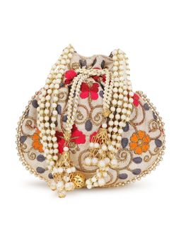 Anekaant - Dangle Cream and Multi Floral Embroidered Faux Silk Potli