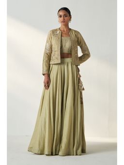 STUDIO BAGECHAA - Radha Green Bustier with Jacket and Lehenga (Set of 3)