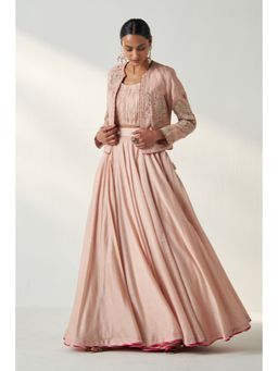 STUDIO BAGECHAA - Radha Pink Bustier with Jacket and Lehenga (Set of 3)