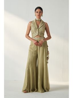 STUDIO BAGECHAA - Riddhi Green Gilet Sharara with Top (Set of 2)