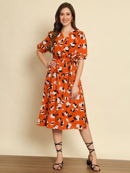 Trend Arrest - Orange Floral Wrap Dress With Belt