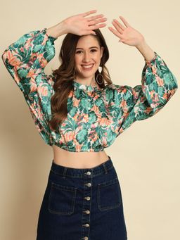 Trend Arrest - Tropical Print Balloon Crop Top