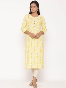 Suti - Women Cotton Printed Long Kurta Yellow