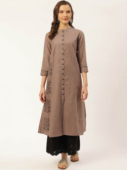 Suti - Women Cotton Hand Block Printed A Line Kurta with Metal Buttons Brown