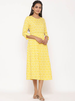 Suti - Women Rayon Printed Ankle Length Dress Yellow