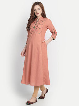 Suti - Women Cotton Embroidery Work Long Kurta Peach