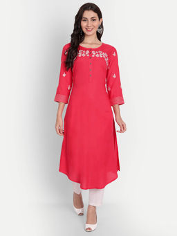 Suti - Women Rayon Embroidery Work Long Kurta Coral