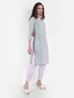 Suti - Women Khadi Cotton Printed Long Straight Kurta Green
