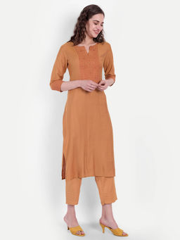 Suti - Women Banarasi Chanderi Embroidery Work Kurta and Pants Orange (Set of 2)