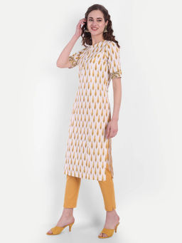 Suti - Women Cotton Printed Straight Long Kurta Yellow