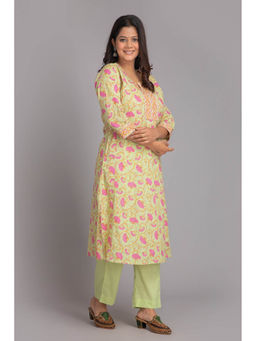 Suti - Women Cottonhand Printed Lucknowy Style Kurta Pants Lime Green (Set of 2)