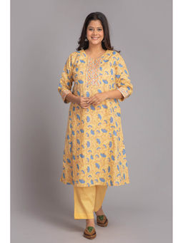 Suti - Women Cottonhand Printed Lucknowy Style Kurta Pants Mustard (Set of 2)