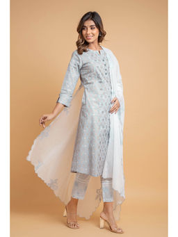 Suti - Women Cotton Printed Kurta with Straight Pants and Embroidered Dupatta Grey (Set of 3)