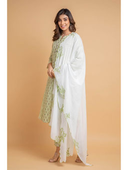 Suti - Women Cotton Printed Kurta with Straight Pants and Embroidered Dupatta Green (Set of 3)
