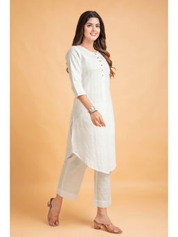 Suti - Women Khadi Cotton A Line Printed Kurta with Pants Off White (Set of 2)