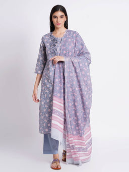 Suti - Women Mal- Cotton Kurta Printed with Pants & Dupatta Grey (Set of 3)
