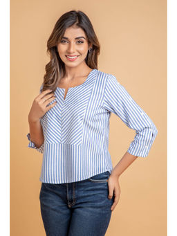 Suti - Women Cotton Stripe Print Top Blue