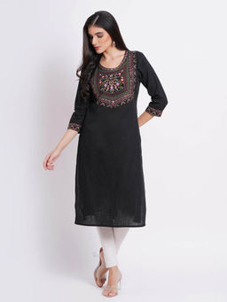 Suti - Women Cotton Slub Colorfull Embroidered Straight Kurta Black