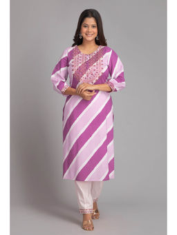 Suti - Women Rayon Lehriya Printed Mirror Embroidered Kurta with Lantern Pants Purple (Set of 2)