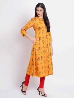 Suti - Women Rayon Aline Printed Flared Kurta with Button Placket Button Yellow