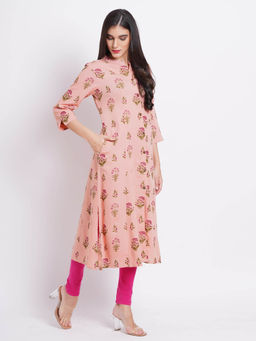 Suti - Women Rayon Aline Printed Flared Kurta with Button Placket Button Peach