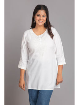 Suti - Women Rayon White Embroidery Short Kurta White